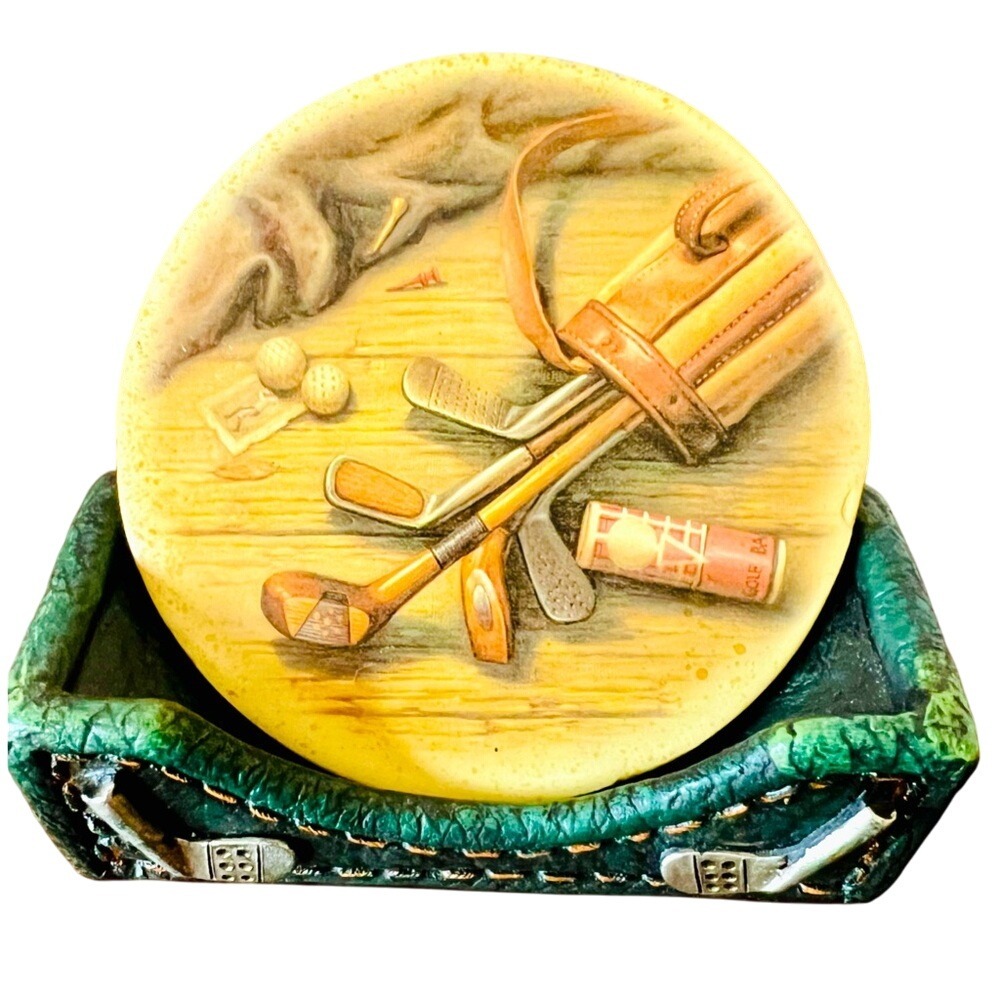 Vintage Golf Coaster Set 4 Piece Resin with Green Faux Leather Holder Sports